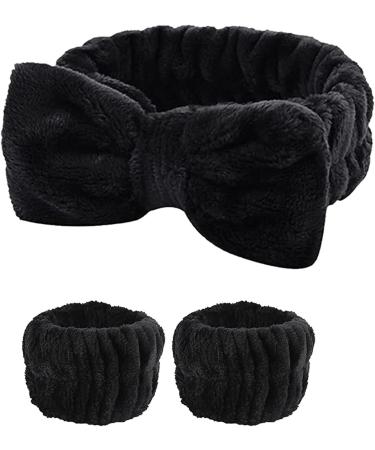 amangul 1set Elastic Women Shower Hairband & Wristband Cute Bowknot Plush Face Wash Hairband Home Makeup Headband Wristband(Black 3Piece Set) - Buy Online on GoSupps.com