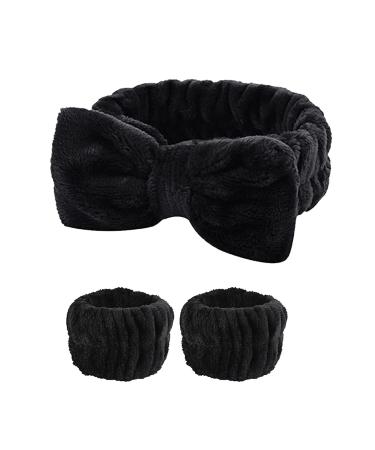 amangul 1set Elastic Women Shower Hairband & Wristband Cute Bowknot Plush Face Wash Hairband Home Makeup Headband Wristband(Black 3Piece Set)