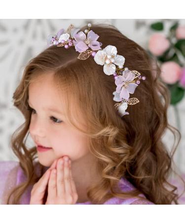 IYOU Flower Girl Headpiece Purple Pearl Princess Headband for Wedding Leaf Floral Crystals Frist Communion Hair Accessories Prom Birthday for Girls (Gold)