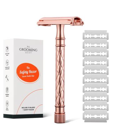 Butterfly Safety Razor for Women Double Edge Safety Razor with 10 Razor Blades Reusable Eco-Friendly Single Blade Razors Smooth Closed Comfortable Shave for Women (Rose Gold)