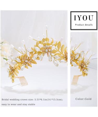IYOU Bridal Wedding Headband Crown Gold Leaf Hair Bands Tiara Pearl Crystal Bridesmaid Bride Hair Accessories for Women - Buy Online on GoSupps.com