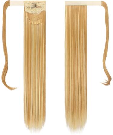 FESHFEN 28 Straight Synthetic Wrap Around Ponytail Extension in 27H613 Strawberry Blonde & Bleach Blonde - Clip in Hairpiece for Women - Buy Online on GoSupps.com