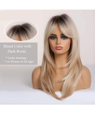 Oefei 20 Inch Blonde Layered Synthetic Wig with Dark Roots - Perfect for Daily Wear - Buy Online on GoSupps.com