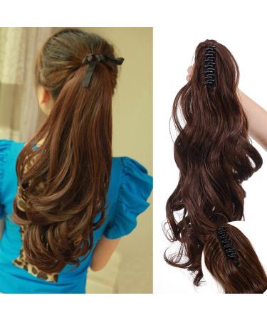 Sego 45cm ponytail hair extension ponytail hair part braid clip in extensions voluminous claw on synthetic hair wavy dark brown mix light brown 18 "(45cm) -140g lured dark brown mix light brown