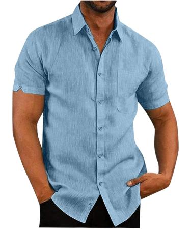 Men's Sky Blue Linen Short-Sleeve Henley Shirt - Reversible Collar Loose Fit Business Casual 3XL - Buy Online on GoSupps.com
