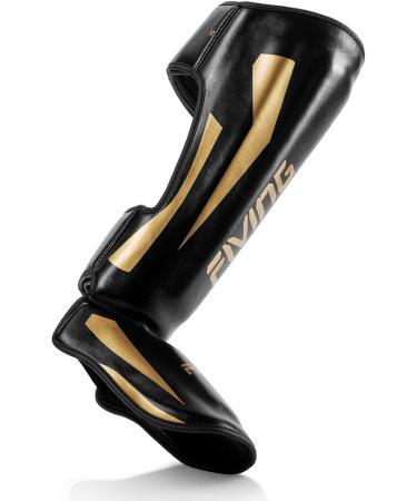 FIVING Martial Arts Shin Guards - Microfiber Leather, Adjustable Leg Protection for Muay Thai, Kickboxing, MMA - Black-Gold, Large - Buy Online on GoSupps.com