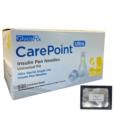 Glucorx Carepoint + Tetra-Sole Pouch: Diabetic Insulin Pen Tips 32G x 4 mm (100 Pcs/Box)