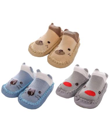 Ceguimos 4 Pairs of Baby Boys Girls Indoor Slippers Anti-Slip Socks Shoes 6-12 Months Grey Brown Blue