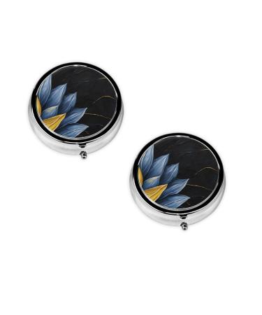 Turquoise Blue Gold Flowers Printed Mini Round Pill Box Pill Box 3 Compartment Medicine Pill Case Pill Organizer Travel Pillbox Portable Pill Box for Pocket Home Office Use