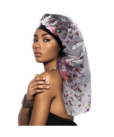 Beauty Town Satin Silk Bonnet Extra Large Size Wide Long Double Layer Sleep Cap for Women Floral Design - H