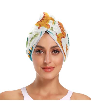 Cartoon Colorful Dinosaurs Hair Towel 2 Pack Super Absorbent Hair Drying Towel Quick Dry Hair Turbans Head Towel with Button Twisty Wrap for Women Girls