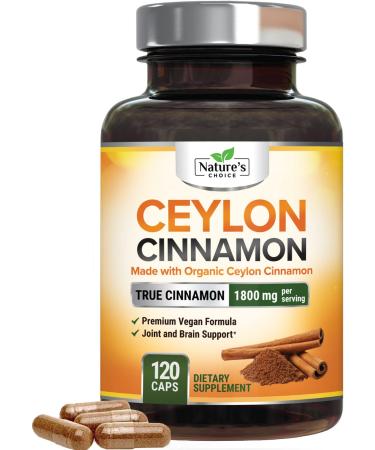 Ceylon Cinnamon Pills 1800mg Certified Organic Pure Cinnamon Gluten Free & Non-GMO Sri Lanka Cinnamon Powder Caps Best Vegan True Cinnamomum Supplement Sugar-Free & Dairy-Free - 120 Capsules 120 Count (Pack of 1)