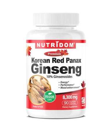 Nutridom Panax Ginseng Korean-Red 8 300mg per Day 10% Ginsenosides Non-GMO Vegan Gluten-Free Soy-Free and Dairy-Free 90 Veggie Capsules