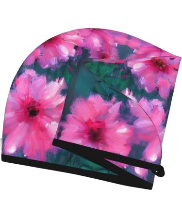 Pink Flowers Coral Velvet Dry Hair Cap with Buttons - Anti Frizz Cap for Curly Long & Thick Hair | International Shipping Available - Buy Online on GoSupps.com
