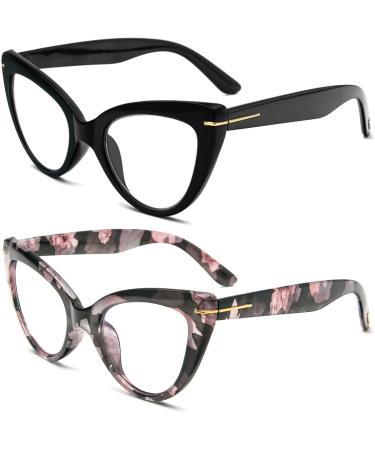 MMOWW 2-Pack Cat Eye Reading Glasses for Women - Stylish Blue Light Blocking Trendy Black & Pattern Comfortable Large Fit (3.0x) - Buy Online on GoSupps.com