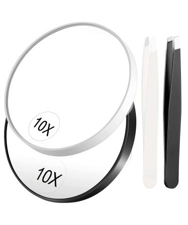 Milishow 10X Magnifying Mirror with Eyebrow Tweezers  Portable 3.5 Two Suction Cups Magnifier Facial Makeup Magnifier Mirrors Travel Set for Women Men. (Black & White)