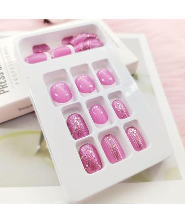Square Short Fake Nails | Acrylic Press on Nails Rose Pink Glitter | 24 Pcs Full Cover French Tip for Women - Buy Online on GoSupps.com