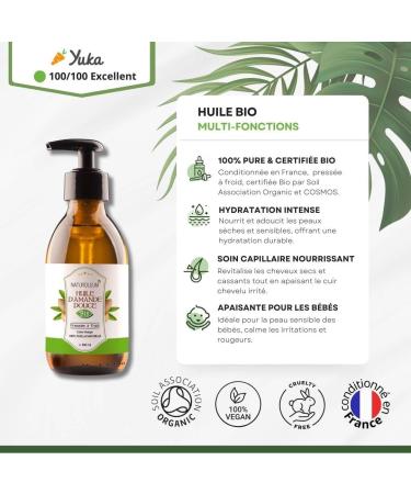 SWEET ALMOND OIL ORGANIC 100% Pure and Natural Cold Pressed - Extra Virgin - Nourishing Care for Body Skin Face Hair. Vegan 200 ml - Buy Online on GoSupps.com