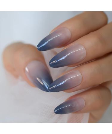 Blue Ombre Gradient Medium Almond Press On Nails - 24 PCs Glossy Acrylic Full Cover with Stickers - Professional Quality eCommerce International Shipping - Buy Online on GoSupps.com