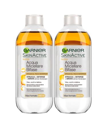 Garnier Garnier SkinActive Two-Phase Micellar Water for Makeup Impermeable Make-Up Remover Moisturizing Cleanser without Rinsing for Face Eyes Lips with Fragrance-free Formula - 2 x 400ml Bottles