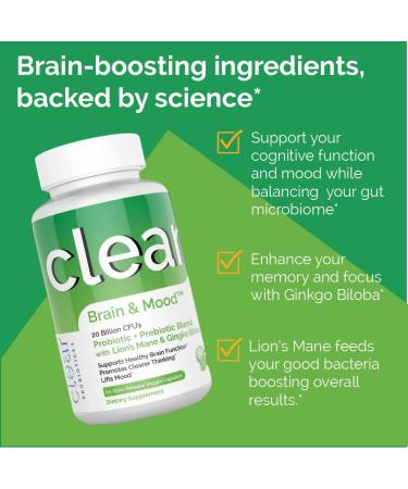 Clear Probiotics Brain and Mood Supplement - Supports Brain Fog Relief, Cell Growth, Mental Acuity, Memory - Ginkgo Biloba, Lions Mane - 60 Count - Buy Online on GoSupps.com