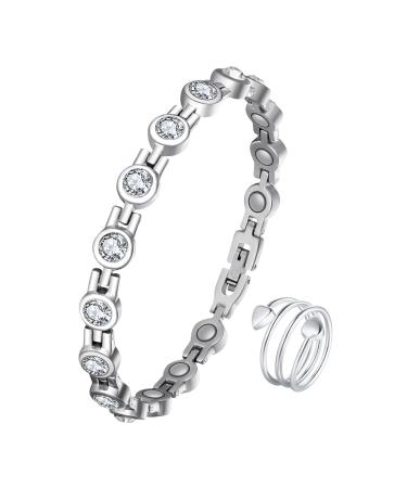 Jeracol Titanium Steel Magnetic Bracelets and Magnetic Rings for Women Women Magnetic Wristband and Copper Magnetic Ring for Mother's Day Adjustable Size & Gift Box A-Silver-Silver