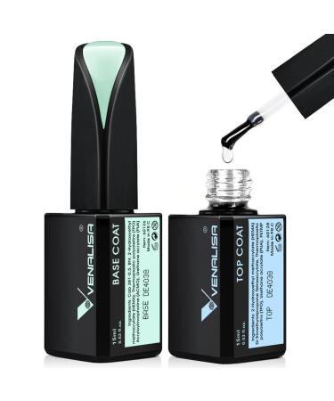 VENALISA 2Pcs 15ML No Wipe Gel Top coat and Base Coat Set - Long-Lasting High Gloss Shiny Tempered Top coat Soak Off U V Lamp Clear Gel Nail Polish Kit