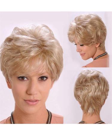 Short Blonde Curly Wig Natural Wavy Fluffy Synthetic Hair Natural Look for Old Middle Age Woman and Grandma blonde