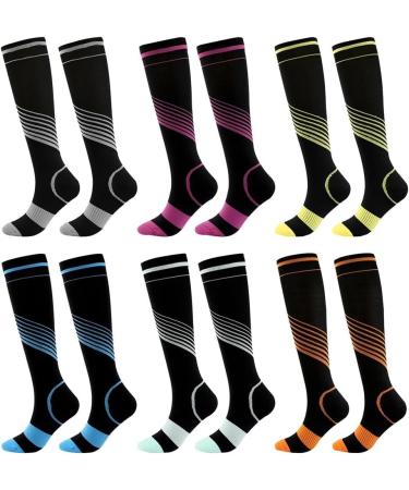 WOOAUTO Compression Socks for Men & Women - Colorful Striped Knee High Sports Socks for Running Cycling & Football - 6 Pair Set (S-M) - Buy Online on GoSupps.com