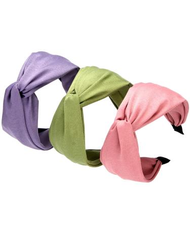 BOMTTY 3PCS Wide Knotted Headbands Pure Color Knot Headband  Yoga Hair Band Elastic Hair Accessories for Women and Girls (Green+Purple+Pink) Blue Green Purple
