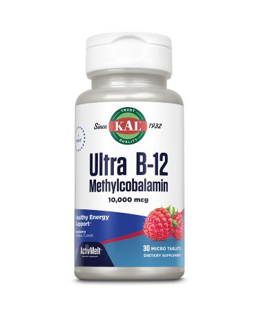 KAL Ultra B12 Methylcobalamin 10 000mcg High Potency Vitamin B-12 for Healthy Energy Metabolism Nerve Red Blood Cell Support * Natural Raspberry Flavor Vegetarian 30 Micro Tablets 30 Servings