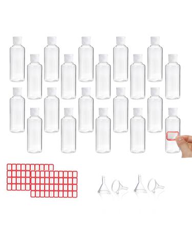 20 Pcs 30ml Plastic Travel Bottles for Toiletries Empty Refillable Transparent Containers Cosmetic Flip Cap Bottles for Toiletries Shampoo Lotions Cosmetics with 4pcs Funnels and 2 Sheets Free Labels 01