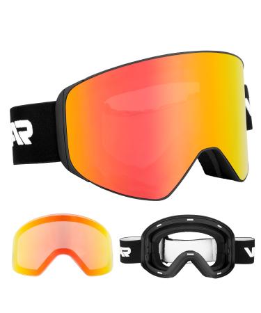 Vgooar OTG Ski Goggles with Magnetic Detachable Lens Frameless Ski Goggles with Cylindrical Lens Red