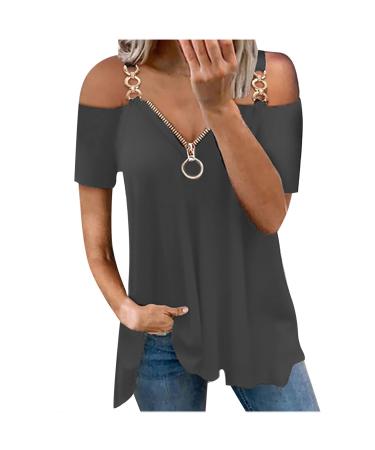 Women Summer Plus Size Tops 2023 Casual Sexy Cold Shoulder Lace Short Sleeve Shirts Zip Up V Neck T Shirt Blouse Holiday Tops for Women - Dark Gray Large