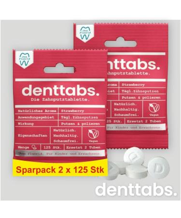 Denttabs Strawberry Toothbrushing Tablets - Complete Toothpaste Alternative - Fluoride Free - For Kids & Adults - Plastic Free - Preservative Free - 125 Count Bag - Buy Online on GoSupps.com