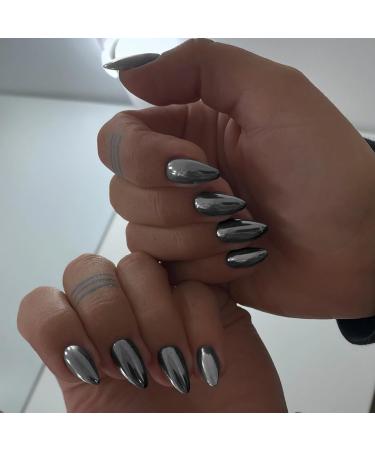 Black Chrome Press On Nails - Medium Almond - 24 PCS Metallic Fake Nails for Daily Wear | SXVME Mirror Metal Acrylic Nails - Buy Online on GoSupps.com