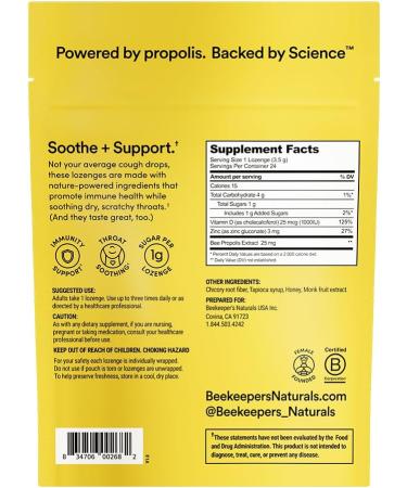 Beekeeper's Naturals Soothing Honey Cough Drops - Immune Support with Vitamin D Zinc and Propolis Throat Soothing Lozenges 24 Ct Honey Lozenges 24 Count - Buy Online on GoSupps.com