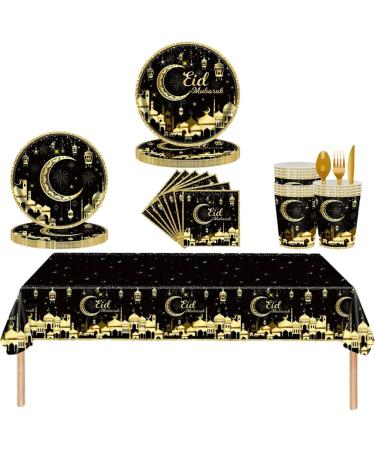 8set Mubarak Tableware Party Celebration Supplies 49pcs Paper Tableware Set Paper Plates Napkins Paper Cups for Eid Ceremony Black