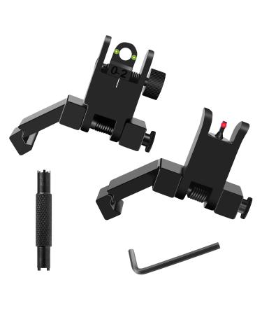 MAGORUI Fiber Optics Iron Sights, Low Profile 45 Degree Front and Rear Backup AR Sights, All Metal Construction Two Aperture Sight with Red and Green Dots for Picatinny and Weaver Rail