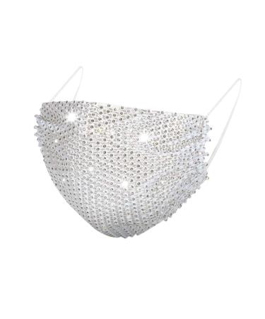 Lieikic women mouth protection crystals glitter elegant washable reusable breathable mouth and nose protection cover neckercheck for Halloween evening party (B-white)