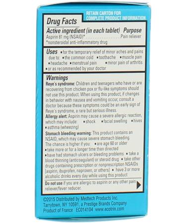 Ecotrin Low Strength Safety Coated Aspirin 81mg - 150 Tablets (4 Pack) | Buy NSAID Online | International Shipping Available - Buy Online on GoSupps.com