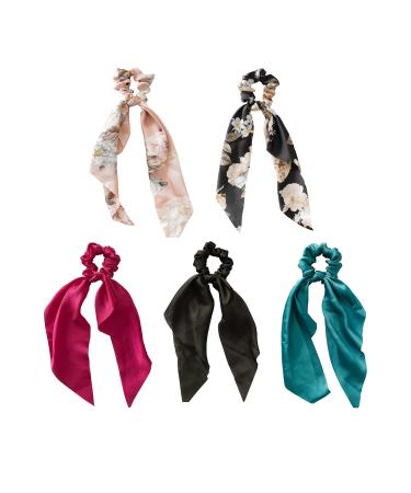 Doromy 5Packs Floral Hair Scarf Scrunchies Bowknot Chiffon Hair Scarves with Ribbon Elastic Floral Bow Hair Ties Ponytail Holder Scrunchy Ties Long Hair Bands Hair Accessories for Women Girls