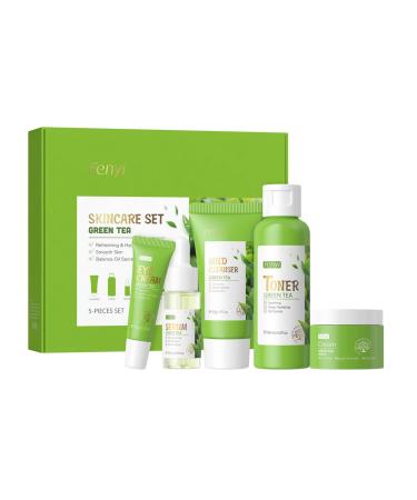 Green Tea Skin Care For Teenage Girls Korean Skin Care Sets & Kits Facial Kit With Cleanser Toner Eye Cream Face Cream Serum- Reduce Acne Control Oil Shrink Pores Womens Beauty Gifts Set