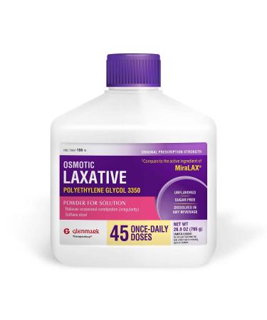 Glenmark Therapeutics Polyethylene Glycol 3350 Powder Osmotic Laxative 45 Daily Doses Softens Stool Relieves Occasional Constipation Powder for Solution 26.9 Ounce