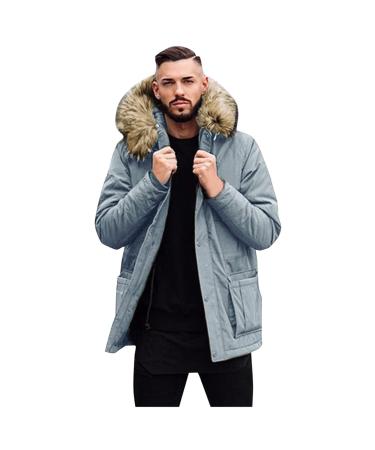 GXLONG Mens Solid Color Fur Hood Parka Coat Long Sleeve Full Zip Cotton Padded Military Jacket Winter Outdoor Windbreaker Small Gray