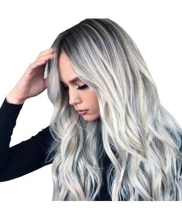 Fashion Women Black Gray Long Curly Wig Lace Front Heat Resistant Hair Extension