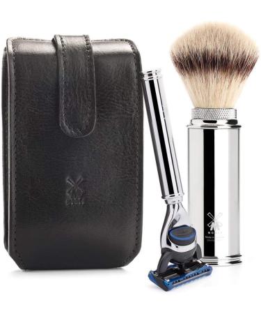 M hle Travel Set - Silvertip Fibre Brush & Gillette-Compatible Razor in Black Leather Case | Premium Shaving Accessories for International Shipping - Buy Online on GoSupps.com