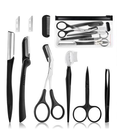 Professional Eyebrow Trimmer Set 9 Pieces Eyebrow Tweezers Set Stainless Steel Small Scissors Eyebrow Shaver Eyebrow Trimmer Tools for Men and Women (Black)
