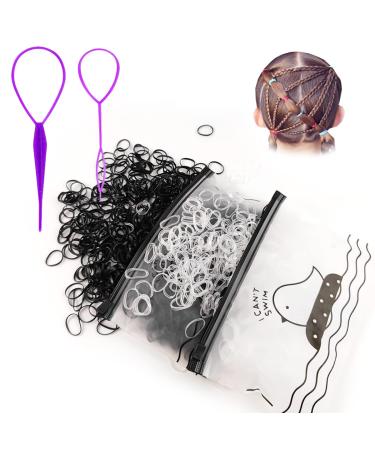 2000Pcs Clear+Black Elastic Rubber Hair Bands for Girls and Women men hairstyle hair Ties Premium Hair Styling Tool Set (2pcs Color Hair Tail Tools) (Clear+Black)