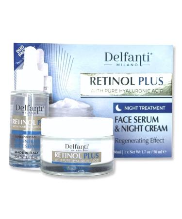 Delfanti Milano RETINOL PLUS with pure HYALURONIC Acid FULL SIZED NIGHT TREATMENT DUO PACK Concentrated Regenerating Serum and Night Cream for Face and Neck Made in Italy